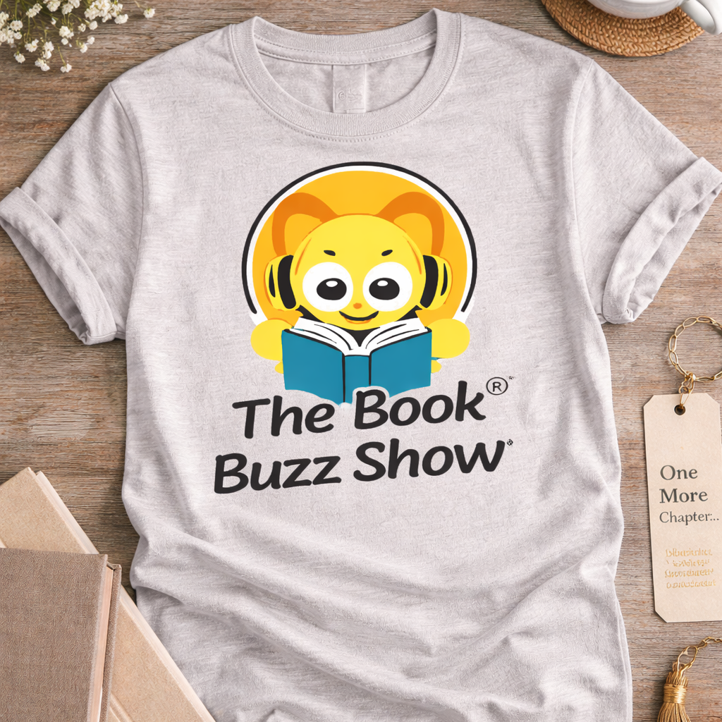 Gray t-shirt with 'The Book Buzz Show' logo on a wooden surface with coffee, glasses, and books.