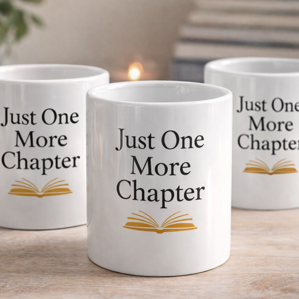 Three white mugs with 'Just One More Chapter' text on a wooden surface.