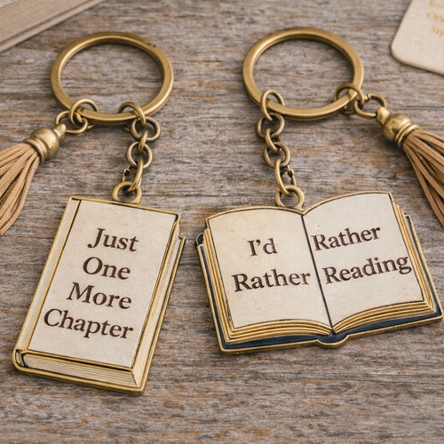 Two book-shaped keychains with tassels on a wooden surface.